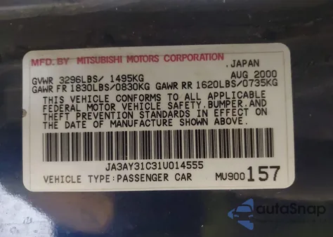 2001 Mitsubishi Mirage Ls z USA, uszkodzony, nr VIN JA3AY31C31U014555